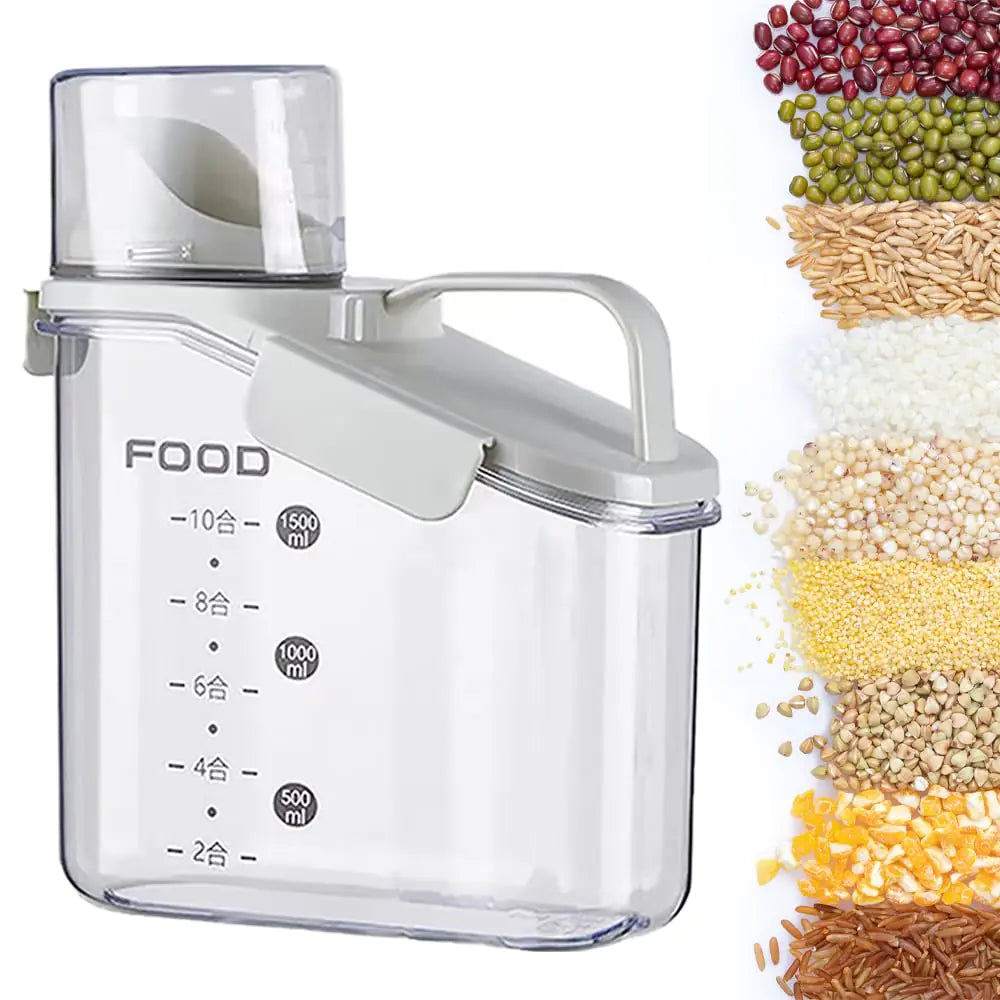 Livaprul Rice container storage tank kitchen storage container sealed food storage sealed design measuring cup. With pouring port suitable for oatmeal grains rice flour (white 1600ML)